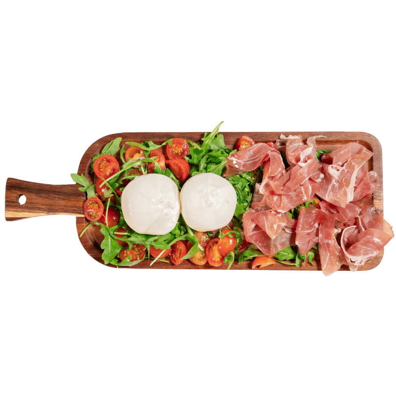 Burrata con jamón y rúcula